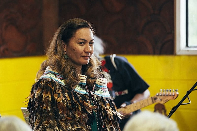 Image Description - Marama Davidson at her marae - Matai Ara Nui in the Hokianga, celebrating her appointment of co-leader in 2018