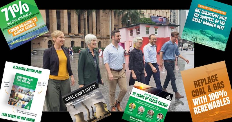 Image description: Photo of elected Greens MPs in Queensland with imagery of climate change campaign images around their photo