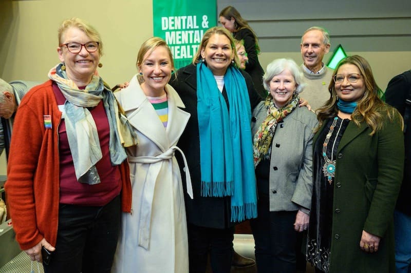 Image description: New and past Greens Senators: Janet Rice, Larissa Waters, Dorinda Cox, Christine Milne, Bob Brown, Mehreen Saeed Faruqi